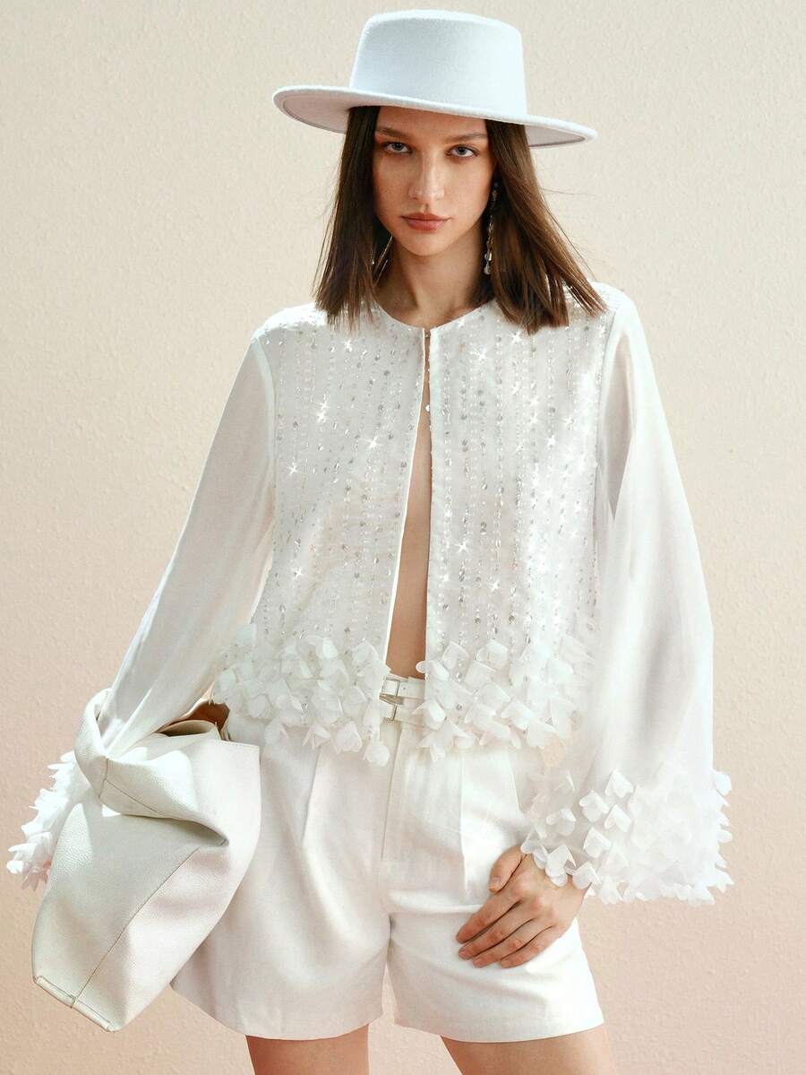 Arave Bluză elegantă pentru femei, din șifon, brodat cu mărgele, decolteu rotund, mânecă raglan, design floral 3D lucrat manual - alb - Vizualizare 1