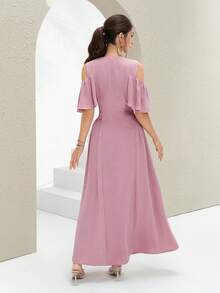 Al Najma Women's Solid Color Patchwork Fringe Detail Minimalist Long Arabic Style Dress, Arabian Dresses Romantic Young Pink Dress - Pink - View 2