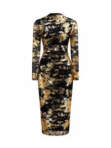 Ellevyn 女士时尚派对金色箔印紧身连衣裙 - 黑色和金色 - 查看 9