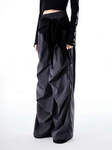 Bloopia 女士休闲时尚褶皱宽松阔腿裤 - 深灰色 - 查看 5