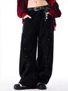Bloopia Women's Casual Fashion Street Loose Fit Low Waist Rivet Decor Wide Leg Pants, Belt Not Included - Black - View 1