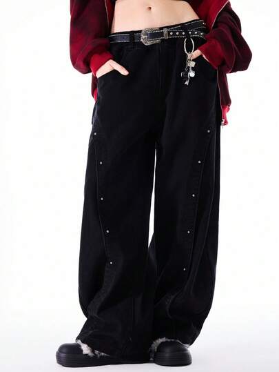 Bloopia Women's Casual Fashion Street Loose Fit Low Waist Rivet Decor Wide Leg Pants, Belt Not Included