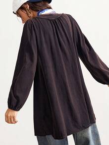 Bohemela 女士休闲纯色V领长袖水洗针织上衣 - 黑色 - 查看 8