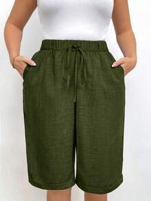Linhara 大码女式纯色腰带口袋宽松休闲短裤 - 軍綠色 - 查看 5