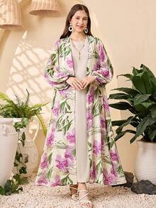 Bộ 2 áo khoác cardigan tay đèn lồng họa tiết hoa cho bé gái tuổi teen và váy cổ tròn màu trơn trang phục thanh lịch, bộ 2 áo thường ngày cho kỳ nghỉ xuân thu, trang phục hàng ngày, Jalabiya Ả Rập giản dị - Màu tím - Xem 6