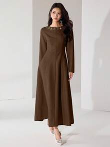 Heiryn Women's Rhinestone Decor Crew Neck Long Sleeve Dress Long Brown Dress - Coffee Brown - View 6