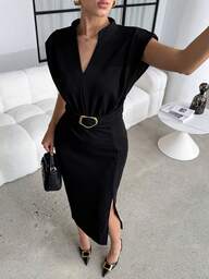 Lavishia Vestido midi ajustado de manga dolman con cuello en V de unicolor para mujer, falda larga minimalista negra elegante con hombros anchos y escote profundo, sexy y elegante, simple y versátil para ir al trabajo, conjunto de vacaciones elegante y estilizador para mujer, vestidos de verano para mujer, vestidos de graduación