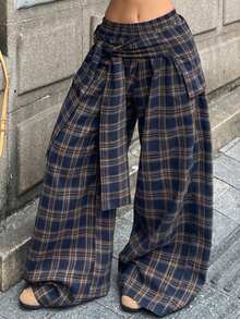 Coolane 女士休闲格子腰带阔腿编织裤，秋季款 - 彩色 - 查看 5