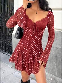MainGRL Chic Polka Dot A Line Mini Dress Featuring Deep V Neck Flared Hem Extra Long Flare Sleeves And Elegant Mesh Fabric In Burgundy - Burgundy - View 3
