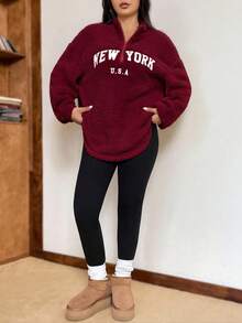 SHEIN EZwear 女款紐約字母圖案立領抓絨衛衣與緊身內搭褲套裝，酒紅色，秋季，休閒，校園，居家穿搭，黑色 - 酒紅色 - 查看 3