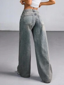 CasuGlow Quần jeans ống rộng cạp thấp giặt mài phong cách vintage casual đồ đi làm cho nữ, set đồ mùa hè nữ, outfit mùa hè nữ, quần jeans nữ size lớn, quần áo nữ Y2K, quần dài nữ, quần áo mùa hè nữ - Rửa trung bình - Xem 2