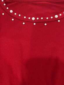SHEIN Maglietta a maniche lunghe con collo rotondo e decorazione di perle, moda donna - Rosso - Visualizzare 4