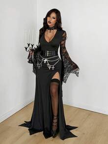 Coolane Women's Summer  Y2K Goth Chic Rave Outfit Lace Stretchy Comfortable Halloween Outfits Witch Dark Style Batwing Sleeve Maxi Black Dress - Black - View 5