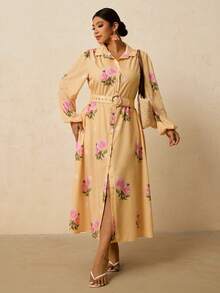 SHEIN VCAY 大码女式黄色碎花长袖衬衫裙，波点长款连衣裙，带腰带和口袋，宽松纽扣长裙，适合秋季/初春穿着。 - 黃色 - 查看 5