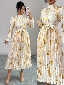 SHEIN Raffinéa Rafferiza Fashionable Elegant Champagne Gold Metallic Pleated Women Dress - Apricot - View 9
