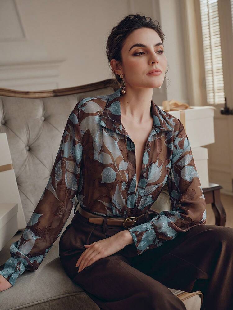 Women's Elegant Floral Print Blouse, Versatile For Vacation, Summer, Fall, Winter, Spring, New Year, Party, Wedding, Chic, Stylish, Formal, Work, Thanksgiving, Festival, Elegant, Valentine's Day