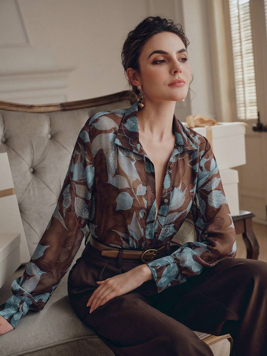 Anewsta Áo kiểu nữ thanh lịch in hoa, đa năng cho kỳ nghỉ, mùa hè, mùa thu, mùa đông, mùa xuân, năm mới, tiệc tùng, đám cưới, sang trọng, thời trang, công sở, Lễ Tạ ơn, lễ hội, ngày Valentine. - màu nâu - Xem 1