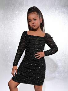 SHEIN Tween Girl 1pc Square Neck Ruched Sequin Mesh Dress - Black - View 1