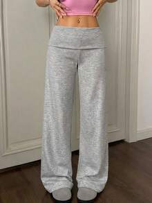 SHEIN EZwear Quần ống rộng cạp cao màu trơn đơn giản cho nữ - Xám - Xem 7