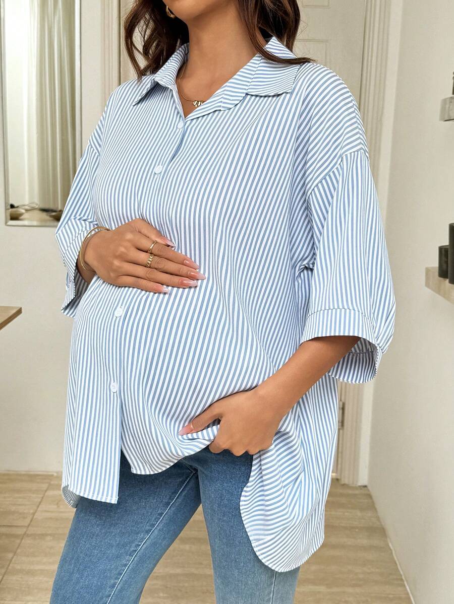 SHEIN 孕妇休闲条纹印花宽松落肩衬衫，适合度假、日常穿着、工作场合、春秋季穿着。 - 藍色 - 查看 1