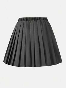 SHEIN 女童百褶高腰裙，内置安全短裤，二合一裙裤，四季百搭，可搭配衬衫、T恤、Polo衫、连帽衫、夹克 - 深灰色 - 查看 2