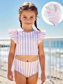女童吊带泳衣套装，条纹针织比基尼上衣和下装，饰有可爱荷叶边，粉色，休闲可爱，两件套，适合游泳、度假和夏季穿着