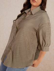 Elaquor 新款秋季大码休闲简约百搭金属扣条纹宽松女式衬衫，纽扣开襟，休闲女装 - 咖啡棕 - 查看 4