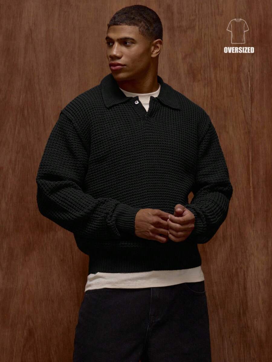 Musero Oversized Long Sleeve Chunky Knit Style Jumper Sweater Button Placket Detailing Spring&Summer - Black - View 1