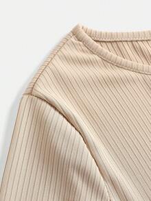 SHEIN 青少年女孩针织拼布豹纹和碎花长袖收腰休闲百搭连衣裙 - 杏色 - 查看 5