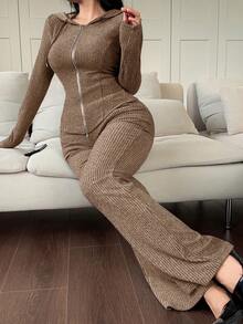 Feyla 女士纯色腰带设计拉链连帽衫和裤子休闲两件套 - 棕色 - 查看 4