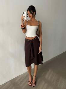 Aloruh 女士时尚优雅黄色条纹不对称超低腰斜条纹及膝修身喇叭裙，适合度假和日常穿着 - 棕色 - 查看 7