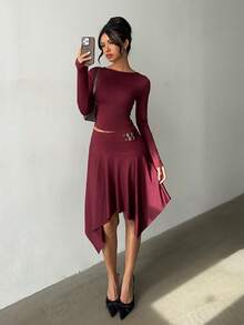 Aloruh Women's Burgundy Autumn Chic Dinner Date Y2K Suit, Elegant Round Neck Top & Metal Buckle Asymmetric Hem Umbrella Skirt, Fashionable Set - Olive Green - View 7