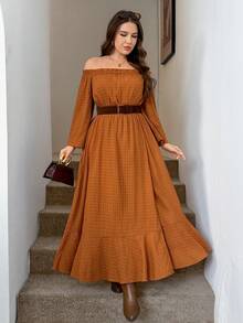 Zelara Vestido de moda de manga larga con cuello cuadrado y abertura lateral para mujer de talla grande - Marrón - Ver 8