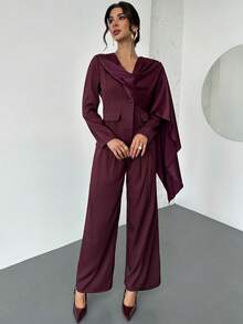 Firerie Women's Elegant Commuter Sophisticated Outgoing Fashion New Year Holiday Satin Scarf Shawl Collar Waist Long Sleeve Blazer And High Waist Pants Burgundy Suit Two Pieces Set
