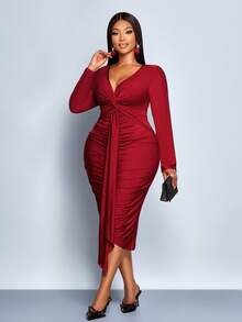 SOLERSUN Plus Size Fall And Spring New Style Solid Color Knitted High Elastic Shiny Fabric V-Neck Pleated Twist Design Hip Long Sleeve Dress Suitable For Dating Dinner Wedding Party Occasions Elegant Sexy Concert Carnival Graduation Party Fashion Women's Clothing