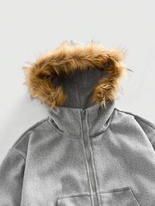 ROMWE MEN Men's Casual Wool Blend Hooded Jacket With Fringe, Suitable For Autumn/Winter Street Style - Grey - View 3