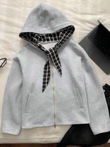 Comfortcana Women's Casual Commuting School Style Patchwork Plaid Knot Collar Zip-Up Hooded Fleece Sweatshirt, Warm For Autumn/Winter - Grey - View 5