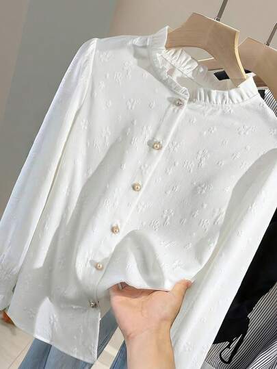 GlowEve French Elegant Loose Fit Long Sleeve Blouse, White Jacquard Stand Collar Frill Trim Top, Versatile Casual Outerwear For Women