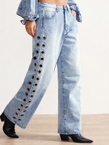 Bohemela Women's Solid Color Metal Grommet Pocket Casual Pants - Blue - View 4