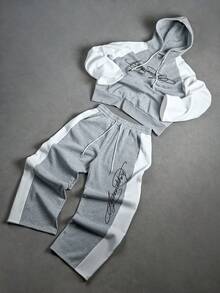 PAVTROS Aesthetic Post--Men's Letter Print Raglan Sleeve Drawstring Hoodie And Drawstring Waist Sweatpants Casual Tracksuit Set Mens Two Piece Set Mens Grey And White Set Mens Two Piece Outfit Sweatpants Mens Set With Hoodie And Pants Mens 2 Piece Set - Grey - View 3