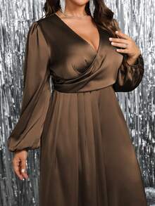 Roveilla Women's Coffee Brown Plus Size A Line Long Slit Dress With V Neck Bishop Sleeve And Wrap Detail Fall - Coffee Brown - View 3