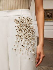 Anewsta Savoree Quần nữ đính hạt thời trang, thích hợp cho mùa thu, đi chơi, thanh lịch, trang trọng, tiệc tùng, sang trọng, năm mới, giáng sinh, công sở, tốt nghiệp, đám cưới - trắng - Xem 3