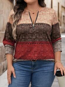 SHEIN LUNE 大码女装圣诞节半拉链T恤，圣诞秋冬上衣，波西米亚风 - 橘色 - 查看 1