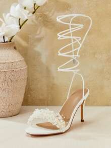 SHUZIA Women Pearl Beads Decor Everyday Chic Elegant Casual Party Cute PU White High Heeled Sandals Valentine's Day - White - View 1