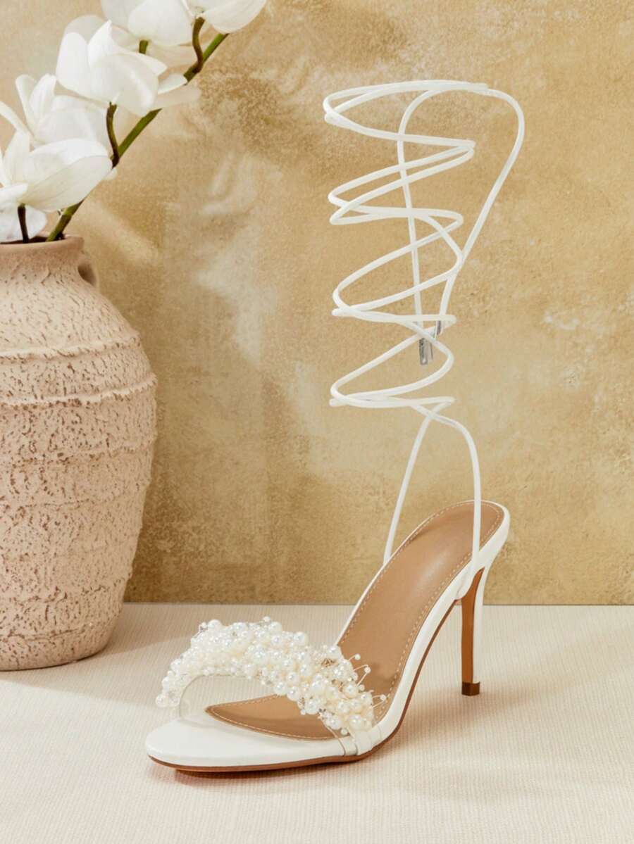 SHUZIA Women Pearl Beads Decor Everyday Chic Elegant Casual Party Cute PU White High Heeled Sandals Valentine's Day - White - View 1