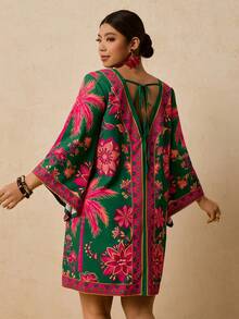 Travachic Váy họa tiết hoa nhiệt đới màu hồng cánh sen và xanh lá cây cỡ lớn dành cho nữ, váy dài tay, phù hợp cho mùa thu và mùa xuân, váy ngắn dáng rộng cổ tròn, váy buộc dây hở lưng, váy che thân - màu xanh lá - Xem 1