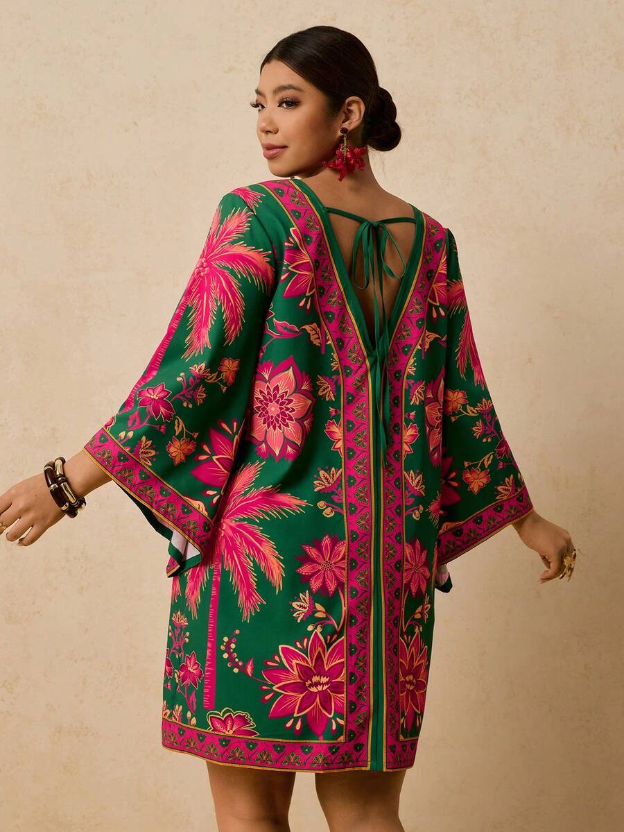 Travachic Váy họa tiết hoa nhiệt đới màu hồng cánh sen và xanh lá cây cỡ lớn dành cho nữ, váy dài tay, phù hợp cho mùa thu và mùa xuân, váy ngắn dáng rộng cổ tròn, váy buộc dây hở lưng, váy che thân - màu xanh lá - Xem 1