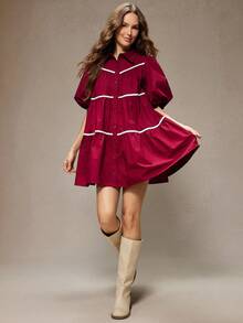 WESTFADE 翻领泡泡袖纽扣前襟撞色缎带饰边侧系带多层娃娃迷你连衣裙，适合春季、度假、夏季、春假、节日、休闲、可爱、波西米亚风、纳什维尔、乡村音乐会、西部牛仔风等场合穿着。 - 酒紅色 - 查看 1
