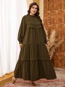 Al Najma Plus Size Women Stand Collar Long Sleeve Split Loose Casual Dress, Suitable For Spring And Autumn Daily And Outdoor Activities - Olive Green - View 3