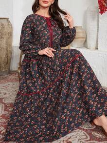 Al Najma Plus Size Linen Printed Loose Fit Round Neck Dress, Arabic Style For Women Abaya Plus Size Abaya Dubai - Multicolor - View 1